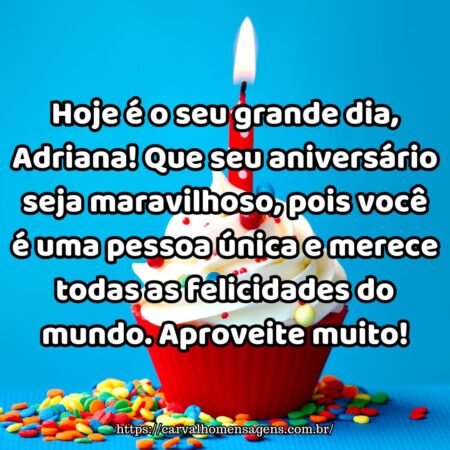 Hoje é o seu grande dia, Adriana! Que seu aniversário seja maravilhoso, pois você é uma pessoa única e merece todas as felicidades do mundo. Aproveite muito! Hoje é o seu grande dia, Adriana! Que seu aniversário seja maravilhoso, pois você é uma pessoa única e merece todas as felicidades do mundo. Aproveite muito!