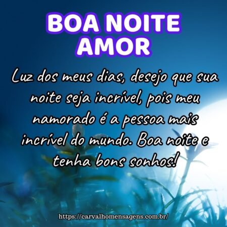 Luz dos meus dias, desejo que sua noite seja incrível, pois meu namorado é a pessoa mais incrível do mundo. Boa noite e tenha bons sonhos! Luz dos meus dias, desejo que sua noite seja incrível, pois meu namorado é a pessoa mais incrível do mundo. Boa noite e tenha bons sonhos!