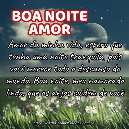 Amor da minha vida, espero que tenha uma noite tranquila, pois você merece todo o descanso do mundo. Boa noite, meu namorado lindo, que os anjos cuidem de você. Amor da minha vida, espero que tenha uma noite tranquila, pois você merece todo o descanso do mundo. Boa noite, meu namorado lindo, que os anjos cuidem de você.