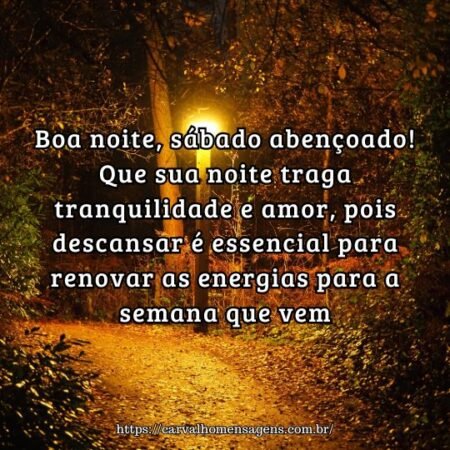 Boa noite, sábado abençoado! Que sua noite traga tranquilidade e amor, pois descansar é essencial para renovar as energias para a semana que vem. Boa noite, sábado abençoado! Que sua noite traga tranquilidade e amor, pois descansar é essencial para renovar as energias para a semana que vem.
