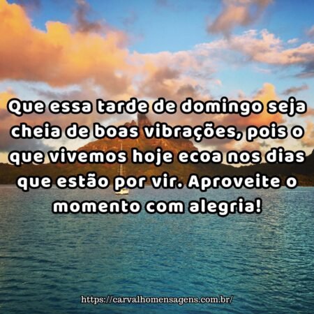 Que essa tarde de domingo seja cheia de boas vibrações, pois o que vivemos hoje ecoa nos dias que estão por vir. Aproveite o momento com alegria! Que essa tarde de domingo seja cheia de boas vibrações, pois o que vivemos hoje ecoa nos dias que estão por vir. Aproveite o momento com alegria!