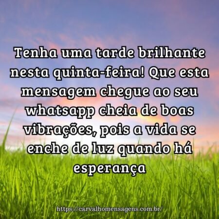 Tenha uma tarde brilhante nesta quinta-feira! Que esta mensagem chegue ao seu whatsapp cheia de boas vibrações, pois a vida se enche de luz quando há esperança. Tenha uma tarde brilhante nesta quinta-feira! Que esta mensagem chegue ao seu whatsapp cheia de boas vibrações, pois a vida se enche de luz quando há esperança.