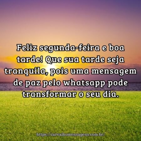 Feliz segunda-feira e boa tarde! Que sua tarde seja tranquila, pois uma mensagem de paz pelo whatsapp pode transformar o seu dia. Feliz segunda-feira e boa tarde! Que sua tarde seja tranquila, pois uma mensagem de paz pelo whatsapp pode transformar o seu dia.