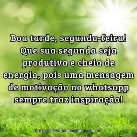 Boa tarde, segunda-feira! Que sua segunda seja produtiva e cheia de energia, pois uma mensagem de motivação no whatsapp sempre traz inspiração! Boa tarde, segunda-feira! Que sua segunda seja produtiva e cheia de energia, pois uma mensagem de motivação no whatsapp sempre traz inspiração!
