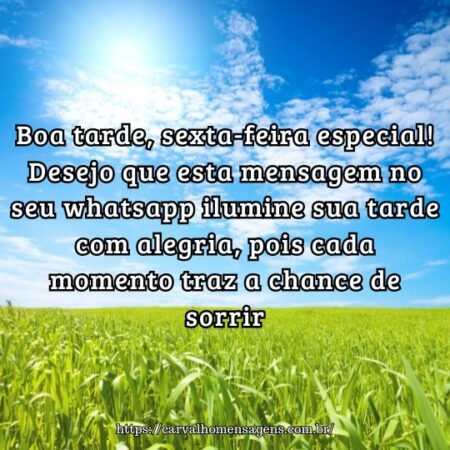 Boa tarde, sexta-feira especial! Desejo que esta mensagem no seu whatsapp ilumine sua tarde com alegria, pois cada momento traz a chance de sorrir. Boa tarde, sexta-feira especial! Desejo que esta mensagem no seu whatsapp ilumine sua tarde com alegria, pois cada momento traz a chance de sorrir.