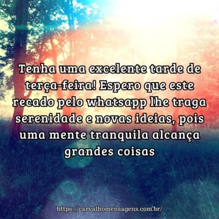 Tenha uma excelente tarde de terça-feira! Espero que este recado pelo whatsapp lhe traga serenidade e novas ideias, pois uma mente tranquila alcança grandes coisas. Tenha uma excelente tarde de terça-feira! Espero que este recado pelo whatsapp lhe traga serenidade e novas ideias, pois uma mente tranquila alcança grandes coisas.