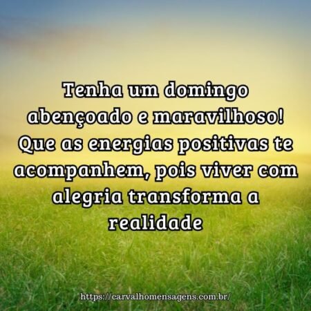 Tenha um domingo abençoado e maravilhoso! Que as energias positivas te acompanhem, pois viver com alegria transforma a realidade. Tenha um domingo abençoado e maravilhoso! Que as energias positivas te acompanhem, pois viver com alegria transforma a realidade.