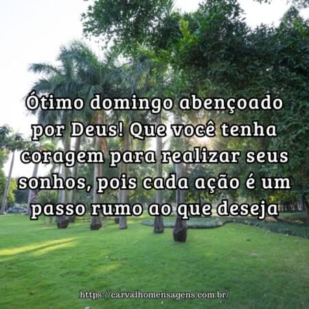 Ótimo domingo abençoado por Deus! Que você tenha coragem para realizar seus sonhos, pois cada ação é um passo rumo ao que deseja. Ótimo domingo abençoado por Deus! Que você tenha coragem para realizar seus sonhos, pois cada ação é um passo rumo ao que deseja.