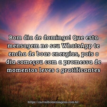 Bom dia de domingo! Que esta mensagem no seu WhatsApp te encha de boas energias, pois o dia começou com a promessa de momentos leves e gratificantes. Bom dia de domingo! Que esta mensagem no seu WhatsApp te encha de boas energias, pois o dia começou com a promessa de momentos leves e gratificantes.