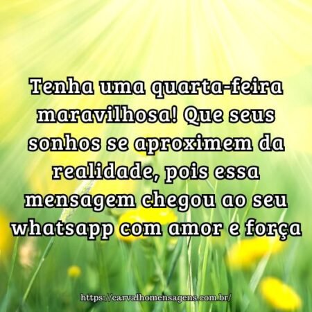 Tenha uma quarta-feira maravilhosa! Que seus sonhos se aproximem da realidade, pois essa mensagem chegou ao seu whatsapp com amor e força. Tenha uma quarta-feira maravilhosa! Que seus sonhos se aproximem da realidade, pois essa mensagem chegou ao seu whatsapp com amor e força.