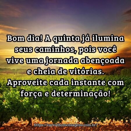 Bom dia! A quinta já ilumina seus caminhos, pois você vive uma jornada abençoada e cheia de vitórias. Aproveite cada instante com força e determinação! Bom dia! A quinta já ilumina seus caminhos, pois você vive uma jornada abençoada e cheia de vitórias. Aproveite cada instante com força e determinação!