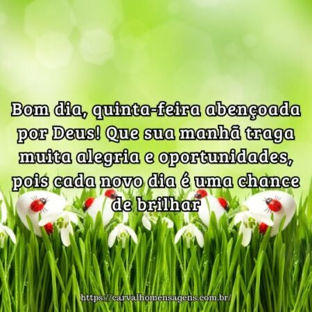 Bom dia, quinta-feira abençoada por Deus! Que sua manhã traga muita alegria e oportunidades, pois cada novo dia é uma chance de brilhar. Bom dia, quinta-feira abençoada por Deus! Que sua manhã traga muita alegria e oportunidades, pois cada novo dia é uma chance de brilhar.