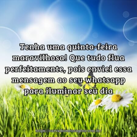 Tenha uma quinta-feira maravilhosa! Que tudo flua perfeitamente, pois enviei essa mensagem ao seu whatsapp para iluminar seu dia. Tenha uma quinta-feira maravilhosa! Que tudo flua perfeitamente, pois enviei essa mensagem ao seu whatsapp para iluminar seu dia.