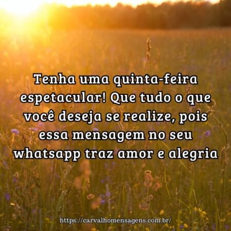 Tenha uma quinta-feira espetacular! Que tudo o que você deseja se realize, pois essa mensagem no seu whatsapp traz amor e alegria. Tenha uma quinta-feira espetacular! Que tudo o que você deseja se realize, pois essa mensagem no seu whatsapp traz amor e alegria.