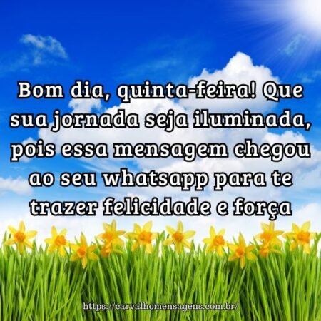 Bom dia, quinta-feira! Que sua jornada seja iluminada, pois essa mensagem chegou ao seu whatsapp para te trazer felicidade e força. Bom dia, quinta-feira! Que sua jornada seja iluminada, pois essa mensagem chegou ao seu whatsapp para te trazer felicidade e força.