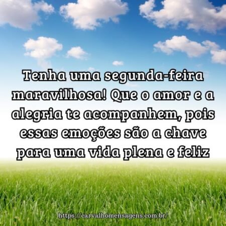 Tenha uma segunda-feira maravilhosa! Que o amor e a alegria te acompanhem, pois essas emoções são a chave para uma vida plena e feliz. Tenha uma segunda-feira maravilhosa! Que o amor e a alegria te acompanhem, pois essas emoções são a chave para uma vida plena e feliz.