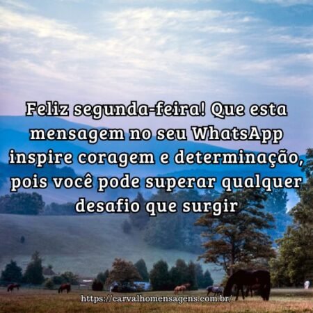Feliz segunda-feira! Que esta mensagem no seu WhatsApp inspire coragem e determinação, pois você pode superar qualquer desafio que surgir. Feliz segunda-feira! Que esta mensagem no seu WhatsApp inspire coragem e determinação, pois você pode superar qualquer desafio que surgir.