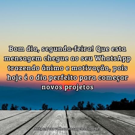 Bom dia, segunda-feira! Que esta mensagem chegue ao seu WhatsApp trazendo ânimo e motivação, pois hoje é o dia perfeito para começar novos projetos. Bom dia, segunda-feira! Que esta mensagem chegue ao seu WhatsApp trazendo ânimo e motivação, pois hoje é o dia perfeito para começar novos projetos.