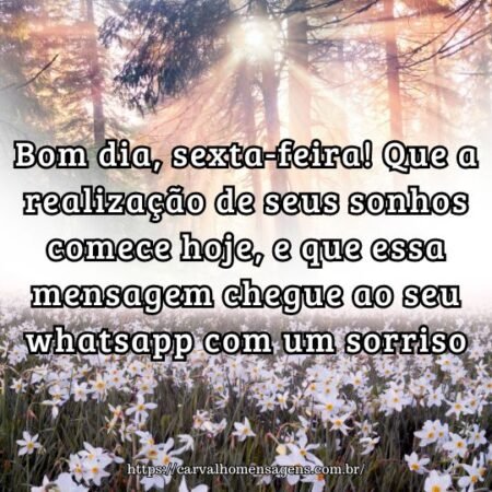 Bom dia, sexta-feira! Que a realização de seus sonhos comece hoje, e que essa mensagem chegue ao seu whatsapp com um sorriso. Bom dia, sexta-feira! Que a realização de seus sonhos comece hoje, e que essa mensagem chegue ao seu whatsapp com um sorriso.