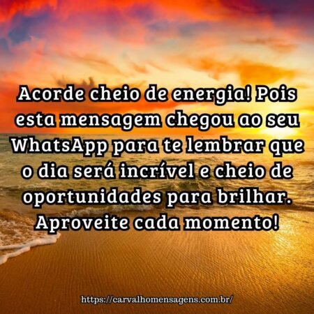 Acorde cheio de energia! Pois esta mensagem chegou ao seu WhatsApp para te lembrar que o dia será incrível e cheio de oportunidades para brilhar. Aproveite cada momento! Acorde cheio de energia! Pois esta mensagem chegou ao seu WhatsApp para te lembrar que o dia será incrível e cheio de oportunidades para brilhar. Aproveite cada momento!