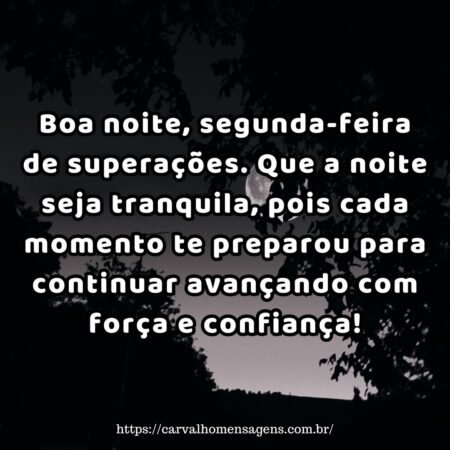 Boa noite, segunda-feira de superações. Que a noite seja tranquila, pois cada momento te preparou para continuar avançando com força e confiança! Boa noite, segunda-feira de superações. Que a noite seja tranquila, pois cada momento te preparou para continuar avançando com força e confiança!