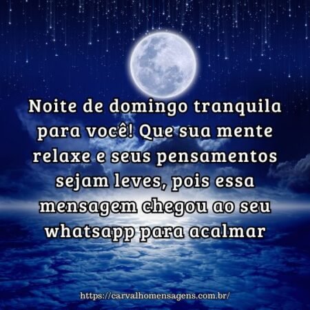 Noite de domingo tranquila para você! Que sua mente relaxe e seus pensamentos sejam leves, pois essa mensagem chegou ao seu whatsapp para acalmar. Noite de domingo tranquila para você! Que sua mente relaxe e seus pensamentos sejam leves, pois essa mensagem chegou ao seu whatsapp para acalmar.