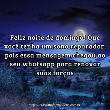 Feliz noite de domingo! Que você tenha um sono reparador, pois essa mensagem chegou ao seu whatsapp para renovar suas forças. Feliz noite de domingo! Que você tenha um sono reparador, pois essa mensagem chegou ao seu whatsapp para renovar suas forças.