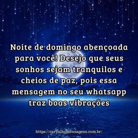 Noite de domingo abençoada para você! Desejo que seus sonhos sejam tranquilos e cheios de paz, pois essa mensagem no seu whatsapp traz boas vibrações. Noite de domingo abençoada para você! Desejo que seus sonhos sejam tranquilos e cheios de paz, pois essa mensagem no seu whatsapp traz boas vibrações.