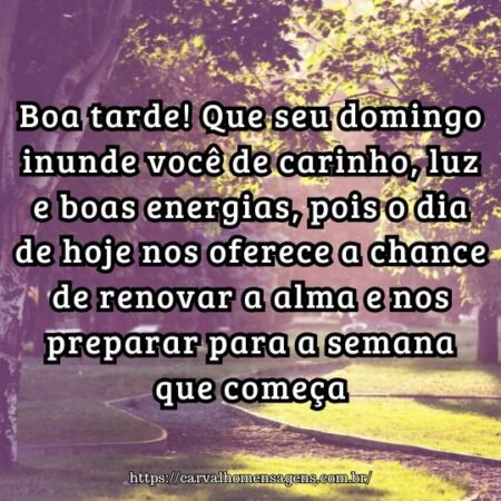 Boa tarde! Que seu domingo inunde você de carinho, luz e boas energias, pois o dia de hoje nos oferece a chance de renovar a alma e nos preparar para a semana que começa. Boa tarde! Que seu domingo inunde você de carinho, luz e boas energias, pois o dia de hoje nos oferece a chance de renovar a alma e nos preparar para a semana que começa.