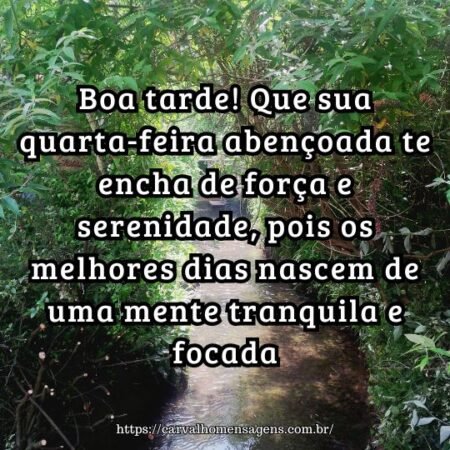 Boa tarde! Que sua quarta-feira abençoada te encha de força e serenidade, pois os melhores dias nascem de uma mente tranquila e focada. Boa tarde! Que sua quarta-feira abençoada te encha de força e serenidade, pois os melhores dias nascem de uma mente tranquila e focada.