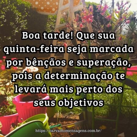 Boa tarde! Que sua quinta-feira seja marcada por bênçãos e superação, pois a determinação te levará mais perto dos seus objetivos. Boa tarde! Que sua quinta-feira seja marcada por bênçãos e superação, pois a determinação te levará mais perto dos seus objetivos.