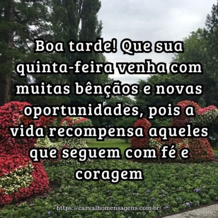 Boa tarde! Que sua quinta-feira venha com muitas bênçãos e novas oportunidades, pois a vida recompensa aqueles que seguem com fé e coragem. Boa tarde! Que sua quinta-feira venha com muitas bênçãos e novas oportunidades, pois a vida recompensa aqueles que seguem com fé e coragem.