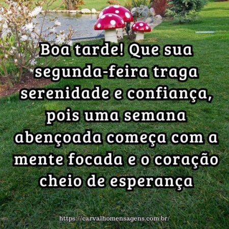 Boa tarde! Que sua segunda-feira traga serenidade e confiança, pois uma semana abençoada começa com a mente focada e o coração cheio de esperança. Boa tarde! Que sua segunda-feira traga serenidade e confiança, pois uma semana abençoada começa com a mente focada e o coração cheio de esperança.