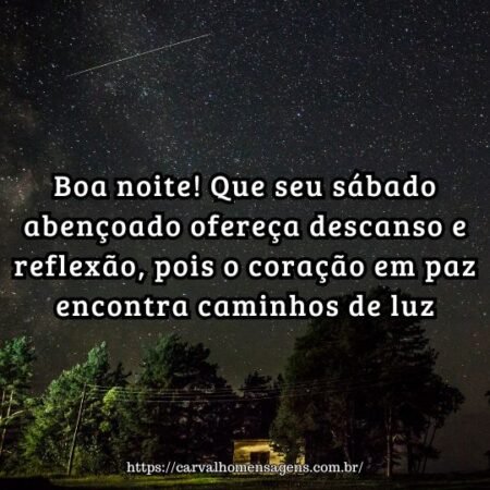 Boa noite! Que seu sábado abençoado ofereça descanso e reflexão, pois o coração em paz encontra caminhos de luz. Boa noite! Que seu sábado abençoado ofereça descanso e reflexão, pois o coração em paz encontra caminhos de luz.