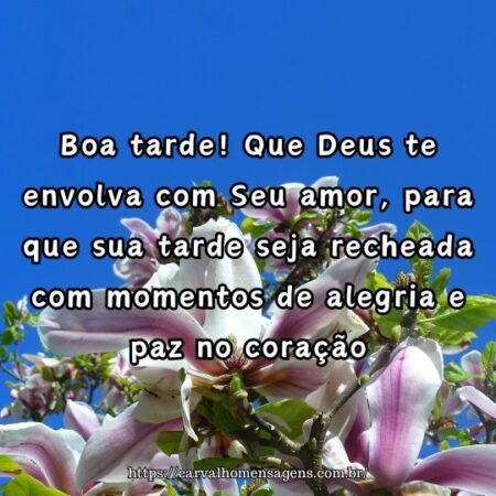 Boa tarde! Que Deus te envolva com Seu amor, para que sua tarde seja recheada com momentos de alegria e paz no coração. Boa tarde! Que Deus te envolva com Seu amor, para que sua tarde seja recheada com momentos de alegria e paz no coração.