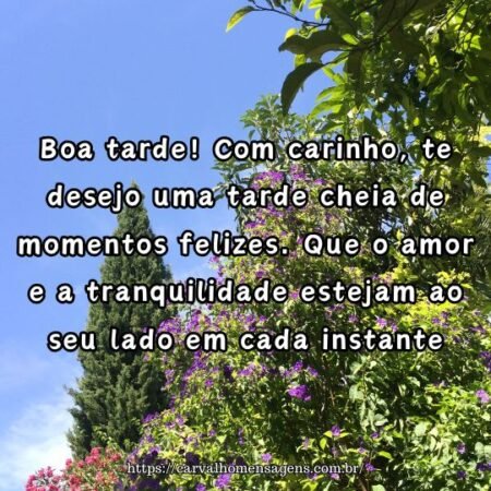 Boa tarde! Com carinho, te desejo uma tarde cheia de momentos felizes. Que o amor e a tranquilidade estejam ao seu lado em cada instante. Boa tarde! Com carinho, te desejo uma tarde cheia de momentos felizes. Que o amor e a tranquilidade estejam ao seu lado em cada instante.