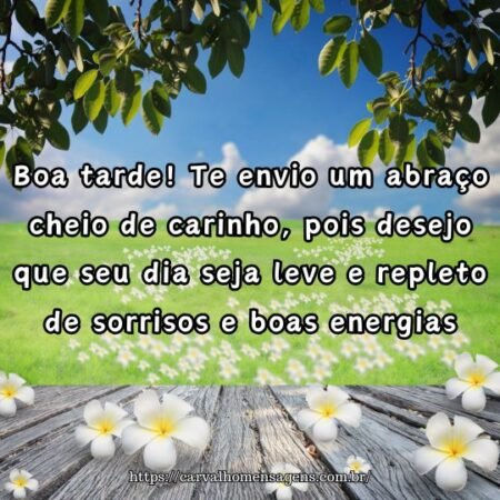 Boa tarde! Te envio um abraço cheio de carinho, pois desejo que seu dia seja leve e repleto de sorrisos e boas energias. Boa tarde! Te envio um abraço cheio de carinho, pois desejo que seu dia seja leve e repleto de sorrisos e boas energias.