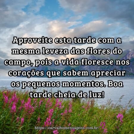 Aproveite esta tarde com a mesma leveza das flores do campo, pois a vida floresce nos corações que sabem apreciar os pequenos momentos. Boa tarde cheia de luz! Aproveite esta tarde com a mesma leveza das flores do campo, pois a vida floresce nos corações que sabem apreciar os pequenos momentos. Boa tarde cheia de luz!