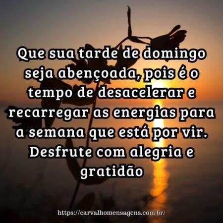 Que sua tarde de domingo seja abençoada, pois é o tempo de desacelerar e recarregar as energias para a semana que está por vir. Desfrute com alegria e gratidão. Que sua tarde de domingo seja abençoada, pois é o tempo de desacelerar e recarregar as energias para a semana que está por vir. Desfrute com alegria e gratidão.