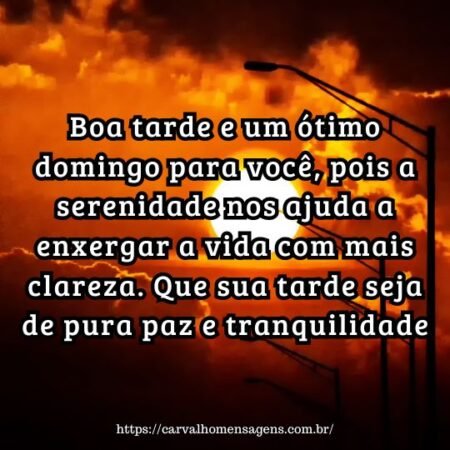 Boa tarde e um ótimo domingo para você, pois a serenidade nos ajuda a enxergar a vida com mais clareza. Que sua tarde seja de pura paz e tranquilidade. Boa tarde e um ótimo domingo para você, pois a serenidade nos ajuda a enxergar a vida com mais clareza. Que sua tarde seja de pura paz e tranquilidade.