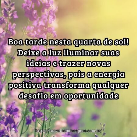 Boa tarde nesta quarta de sol! Deixe a luz iluminar suas ideias e trazer novas perspectivas, pois a energia positiva transforma qualquer desafio em oportunidade. Boa tarde nesta quarta de sol! Deixe a luz iluminar suas ideias e trazer novas perspectivas, pois a energia positiva transforma qualquer desafio em oportunidade.