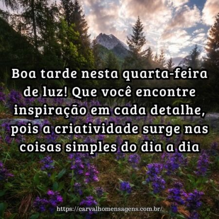 Boa tarde nesta quarta-feira de luz! Que você encontre inspiração em cada detalhe, pois a criatividade surge nas coisas simples do dia a dia. Boa tarde nesta quarta-feira de luz! Que você encontre inspiração em cada detalhe, pois a criatividade surge nas coisas simples do dia a dia.