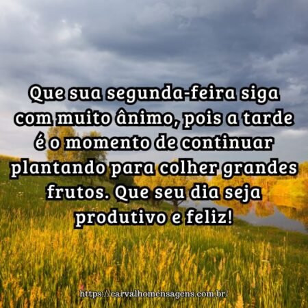 Que sua segunda-feira siga com muito ânimo, pois a tarde é o momento de continuar plantando para colher grandes frutos. Que seu dia seja produtivo e feliz! Que sua segunda-feira siga com muito ânimo, pois a tarde é o momento de continuar plantando para colher grandes frutos. Que seu dia seja produtivo e feliz!