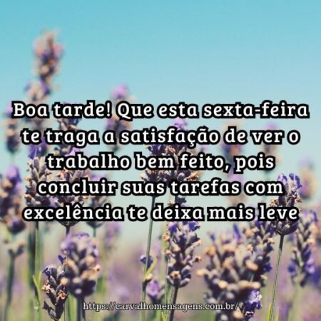 Boa tarde! Que esta sexta-feira te traga a satisfação de ver o trabalho bem feito, pois concluir suas tarefas com excelência te deixa mais leve. Boa tarde! Que esta sexta-feira te traga a satisfação de ver o trabalho bem feito, pois concluir suas tarefas com excelência te deixa mais leve.
