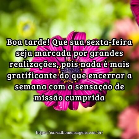 Boa tarde! Que sua sexta-feira seja marcada por grandes realizações, pois nada é mais gratificante do que encerrar a semana com a sensação de missão cumprida. Boa tarde! Que sua sexta-feira seja marcada por grandes realizações, pois nada é mais gratificante do que encerrar a semana com a sensação de missão cumprida.