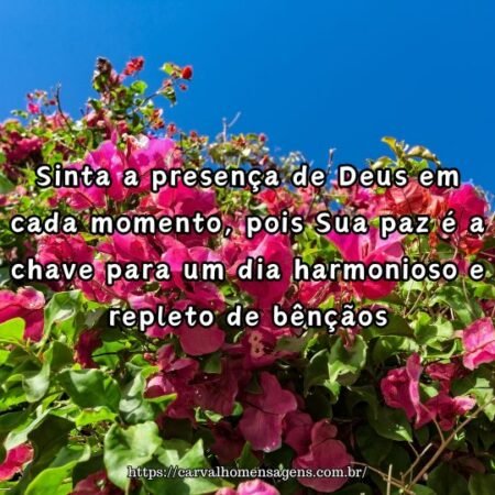 Sinta a presença de Deus em cada momento, pois Sua paz é a chave para um dia harmonioso e repleto de bênçãos. Sinta a presença de Deus em cada momento, pois Sua paz é a chave para um dia harmonioso e repleto de bênçãos.