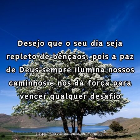 Desejo que o seu dia seja repleto de bênçãos, pois a paz de Deus sempre ilumina nossos caminhos e nos dá força para vencer qualquer desafio. Desejo que o seu dia seja repleto de bênçãos, pois a paz de Deus sempre ilumina nossos caminhos e nos dá força para vencer qualquer desafio.