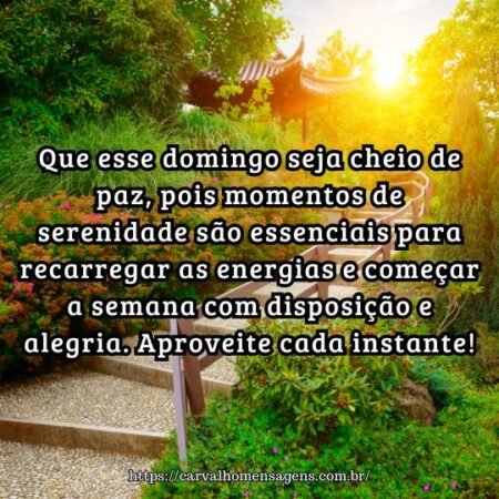Que esse domingo seja cheio de paz, pois momentos de serenidade são essenciais para recarregar as energias e começar a semana com disposição e alegria. Aproveite cada instante! Que esse domingo seja cheio de paz, pois momentos de serenidade são essenciais para recarregar as energias e começar a semana com disposição e alegria. Aproveite cada instante!