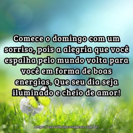 Comece o domingo com um sorriso, pois a alegria que você espalha pelo mundo volta para você em forma de boas energias. Que seu dia seja iluminado e cheio de amor! Comece o domingo com um sorriso, pois a alegria que você espalha pelo mundo volta para você em forma de boas energias. Que seu dia seja iluminado e cheio de amor!