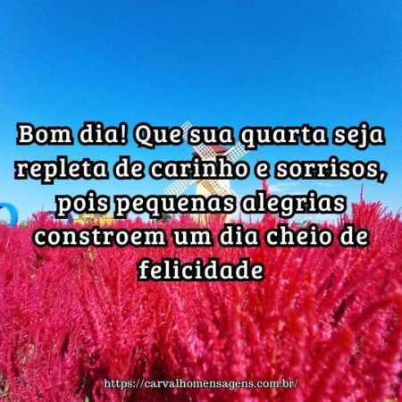 Bom dia! Que sua quarta seja repleta de carinho e sorrisos, pois pequenas alegrias constroem um dia cheio de felicidade. Bom dia! Que sua quarta seja repleta de carinho e sorrisos, pois pequenas alegrias constroem um dia cheio de felicidade.